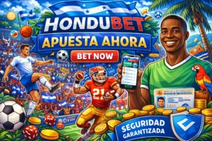 Ilustración de apuestas deportivas Hondubet en Honduras con jugadores, estadio y monedas en estilo colorido